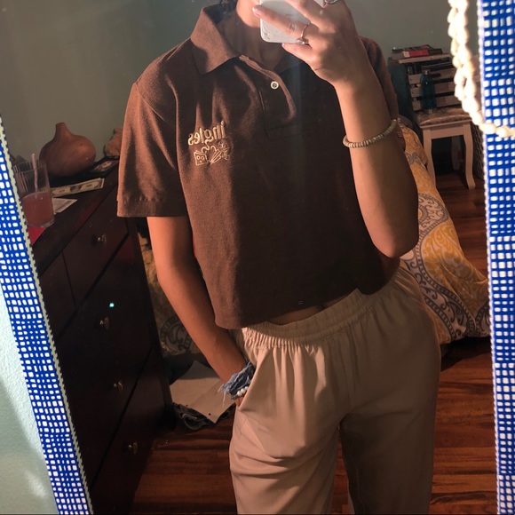 Brown Cropped Collared Raw Hem Top - Picture 3 of 9